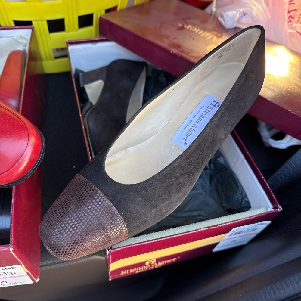 VTG Etienne Aigner Fiesta Leather Pumps Block Heel Classic Bow Heels‎ Brown 7.5M